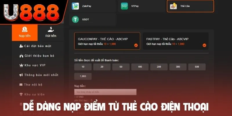Dễ dàng nạp điểm từ thẻ cào điện thoại